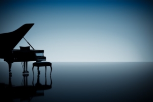 Black Silhouette of a Grand Piano with Its Lid Open and a Stool. Black Silhouette of a Grand Piano with Its Lid Open and a Stool.